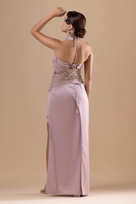 Shop_Raj Arora_Purple Net Embroidery Crystal Straight Neck Dress _at_Aza_Fashions