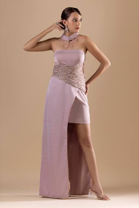 Raj Arora_Purple Net Embroidery Crystal Straight Neck Dress _Online_at_Aza_Fashions