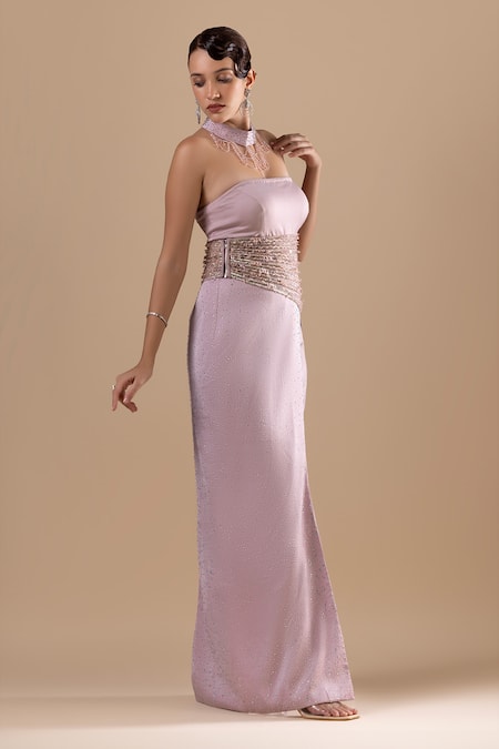 Shop_Raj Arora_Purple Net Embroidery Crystal Straight Neck Dress _Online_at_Aza_Fashions