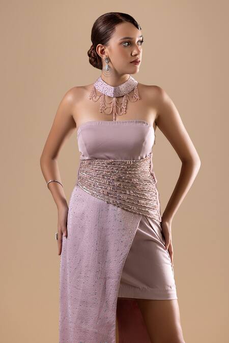 Raj Arora_Purple Net Embroidery Crystal Straight Neck Dress _at_Aza_Fashions