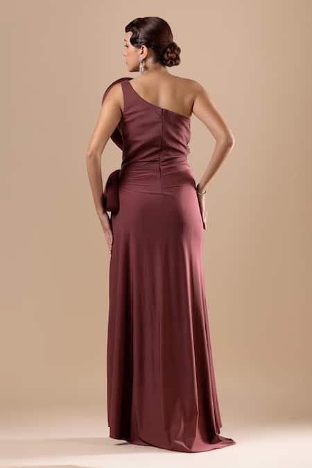 Shop_Raj Arora_Wine Organza, Lycra Crystals, Sequins Round Neck Embroidered Dress And Pant Set _at_Aza_Fashions