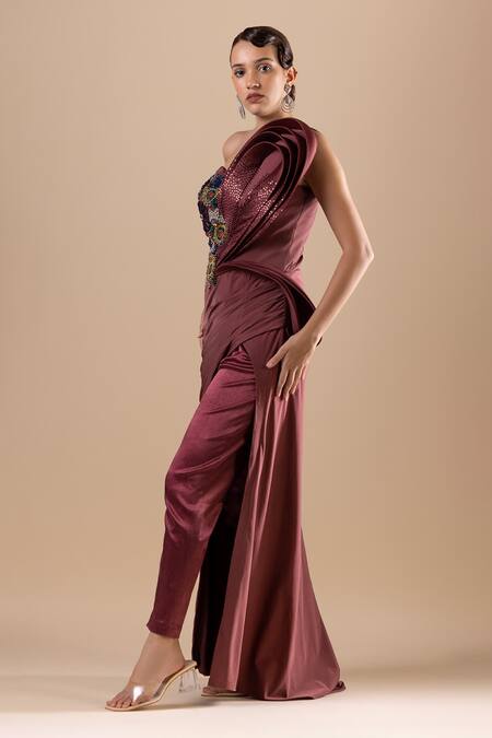 Raj Arora_Wine Organza, Lycra Crystals, Sequins Round Neck Embroidered Dress And Pant Set _Online_at_Aza_Fashions