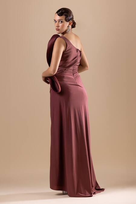 Shop_Raj Arora_Wine Organza, Lycra Crystals, Sequins Round Neck Embroidered Dress And Pant Set _Online_at_Aza_Fashions