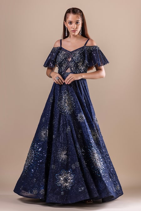 RAJ ARORA Blue Net Embellished Sequin V Neck Gown 