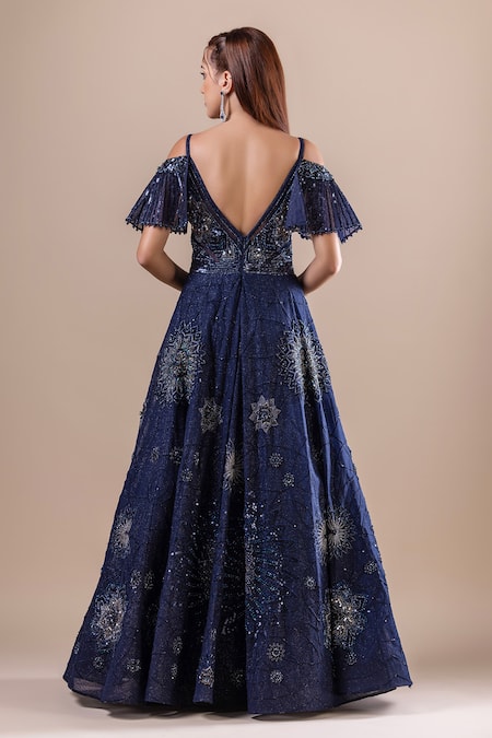 Shop Raj Arora Blue Net Embellished Sequin V Neck Gown at Aza Fashions Shop_Raj Arora_Blue Net Embellished Sequin V Neck Gown _at_Aza_Fashions