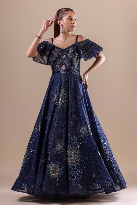 Raj Arora Blue Net Embellished Sequin V Neck Gown Online at Aza Fashions Raj Arora_Blue Net Embellished Sequin V Neck Gown _Online_at_Aza_Fashions