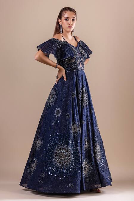 Buy Raj Arora Blue Net Embellished Sequin V Neck Gown Online at Aza Fashions Buy_Raj Arora_Blue Net Embellished Sequin V Neck Gown _Online_at_Aza_Fashions