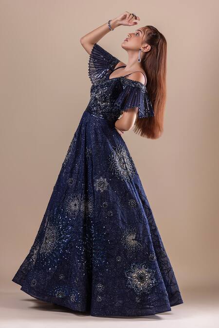 Shop Raj Arora Blue Net Embellished Sequin V Neck Gown Online at Aza Fashions Shop_Raj Arora_Blue Net Embellished Sequin V Neck Gown _Online_at_Aza_Fashions