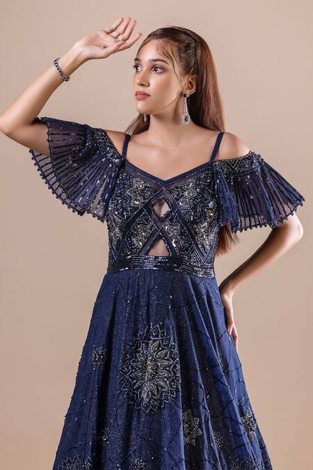 Raj Arora Blue Net Embellished Sequin V Neck Gown at Aza Fashions Raj Arora_Blue Net Embellished Sequin V Neck Gown _at_Aza_Fashions