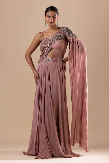 RAJ ARORA Swarovski Embroidered One Shoulder Draped Saree Gown 