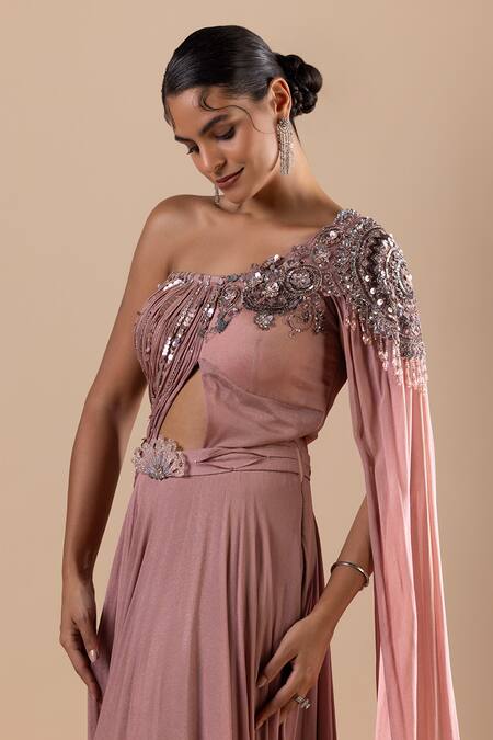 Raj Arora_Pink Georgette Sequins, Cut Swarovski Embroidered One Shoulder Draped Saree Gown _Online_at_Aza_Fashions