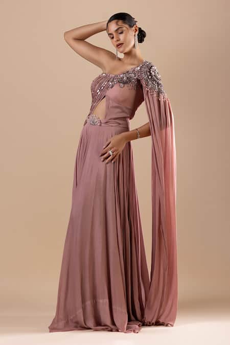 Buy_Raj Arora_Pink Georgette Sequins, Cut Swarovski Embroidered One Shoulder Draped Saree Gown _Online_at_Aza_Fashions