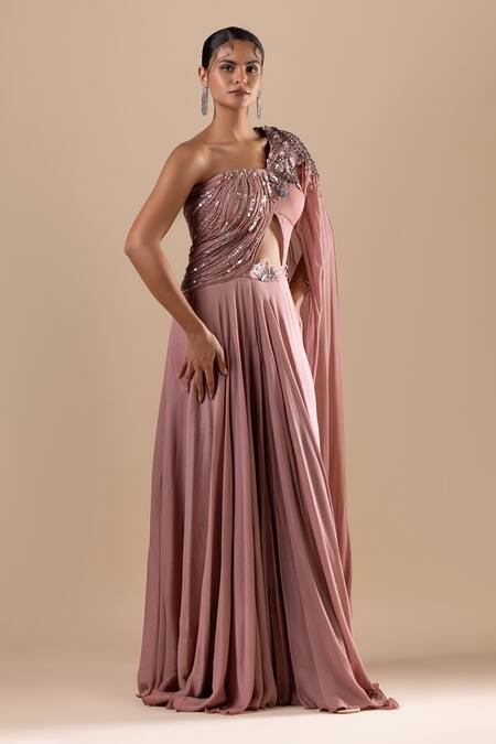 Shop_Raj Arora_Pink Georgette Sequins, Cut Swarovski Embroidered One Shoulder Draped Saree Gown _Online_at_Aza_Fashions