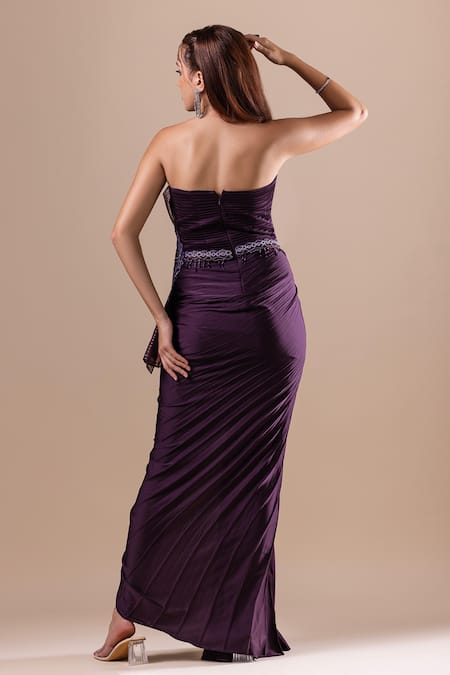 Shop_Raj Arora_Purple Armani Satin Embroidery Crystal Straight Neck Tube Dress _at_Aza_Fashions