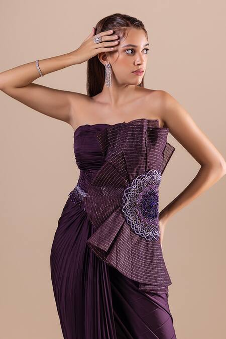 Raj Arora_Purple Armani Satin Embroidery Crystal Straight Neck Tube Dress _Online_at_Aza_Fashions