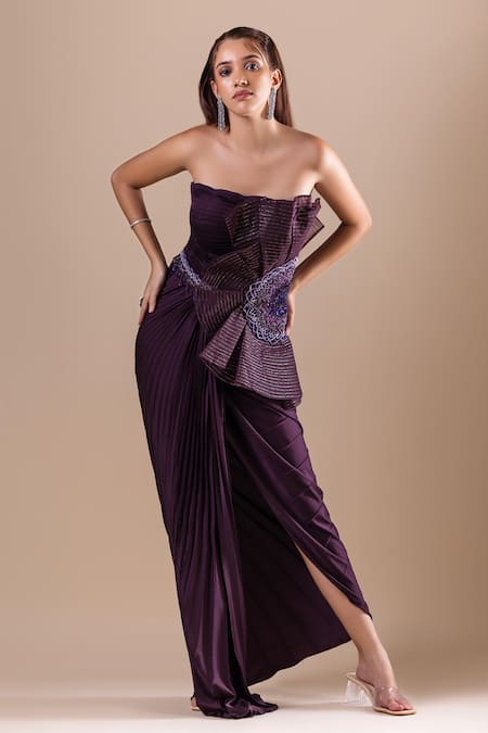 Buy_Raj Arora_Purple Armani Satin Embroidery Crystal Straight Neck Tube Dress _Online_at_Aza_Fashions
