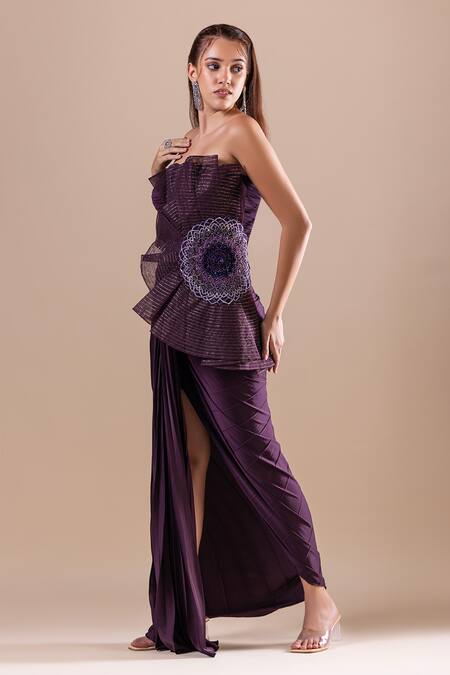 Shop_Raj Arora_Purple Armani Satin Embroidery Crystal Straight Neck Tube Dress _Online_at_Aza_Fashions
