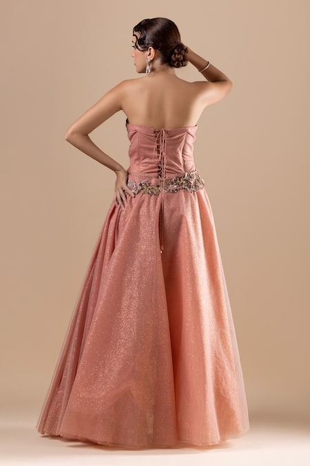 Shop_Raj Arora_Pink Net Embroidery Sequin Sweetheart Neck Crystal Dress _at_Aza_Fashions