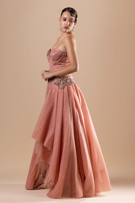 Raj Arora_Pink Net Embroidery Sequin Sweetheart Neck Crystal Dress _Online_at_Aza_Fashions