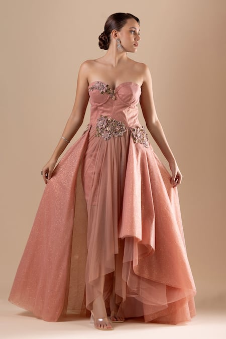 Buy_Raj Arora_Pink Net Embroidery Sequin Sweetheart Neck Crystal Dress _Online_at_Aza_Fashions