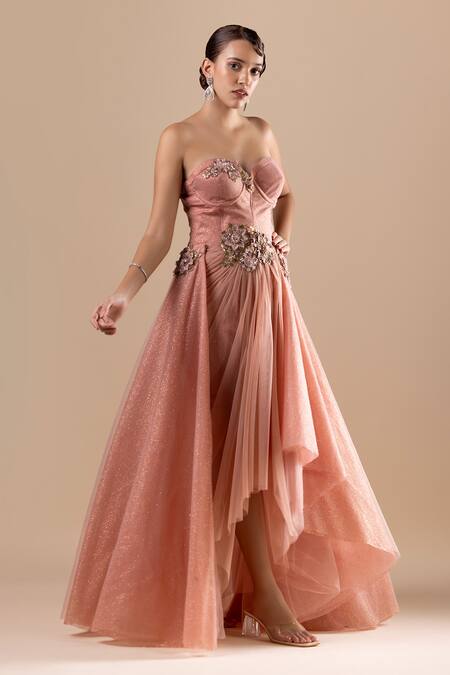 Shop_Raj Arora_Pink Net Embroidery Sequin Sweetheart Neck Crystal Dress _Online_at_Aza_Fashions