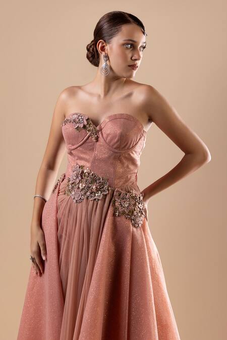 Raj Arora_Pink Net Embroidery Sequin Sweetheart Neck Crystal Dress _at_Aza_Fashions