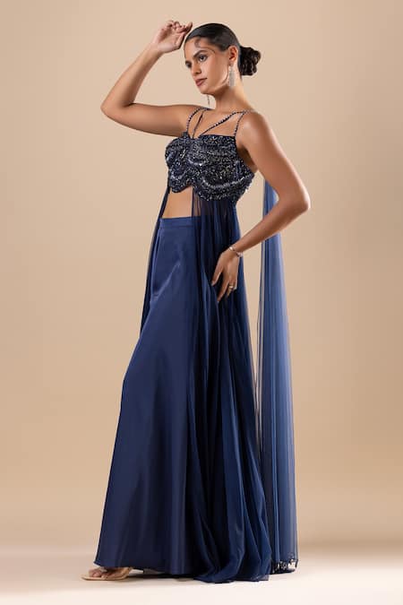 Raj Arora Blue Silk, Net Crystals, Cut Work Sweetheart Embroidered Crop Top And Palazzo Set Online at Aza Fashions Raj Arora_Blue Silk, Net Crystals, Cut Work Sweetheart Embroidered Crop Top And Palazzo Set _Online_at_Aza_Fashions