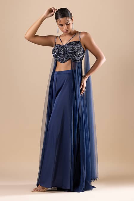 Buy Raj Arora Blue Silk, Net Crystals, Cut Work Sweetheart Embroidered Crop Top And Palazzo Set Online at Aza Fashions Buy_Raj Arora_Blue Silk, Net Crystals, Cut Work Sweetheart Embroidered Crop Top And Palazzo Set _Online_at_Aza_Fashions