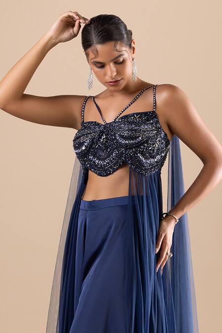 Shop Raj Arora Blue Silk, Net Crystals, Cut Work Sweetheart Embroidered Crop Top And Palazzo Set Online at Aza Fashions Shop_Raj Arora_Blue Silk, Net Crystals, Cut Work Sweetheart Embroidered Crop Top And Palazzo Set _Online_at_Aza_Fashions