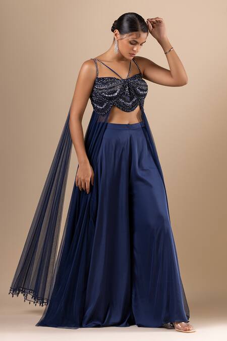 Raj Arora Blue Silk, Net Crystals, Cut Work Sweetheart Embroidered Crop Top And Palazzo Set at Aza Fashions Raj Arora_Blue Silk, Net Crystals, Cut Work Sweetheart Embroidered Crop Top And Palazzo Set _at_Aza_Fashions