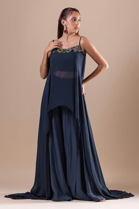 Raj Arora_Green Georgette Embroidery Crystal Cutwork Floral Neckline Top And Sharara Set _Online_at_Aza_Fashions