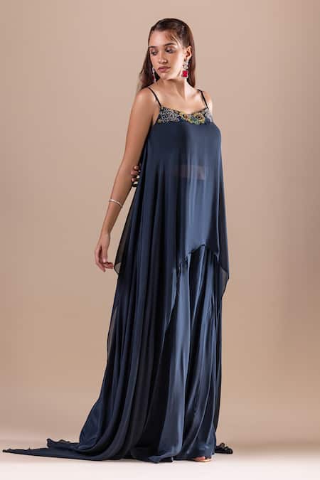 Buy_Raj Arora_Green Georgette Embroidery Crystal Cutwork Floral Neckline Top And Sharara Set _Online_at_Aza_Fashions