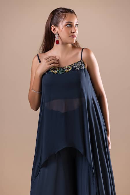 Shop_Raj Arora_Green Georgette Embroidery Crystal Cutwork Floral Neckline Top And Sharara Set _Online_at_Aza_Fashions