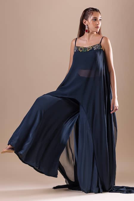 Raj Arora_Green Georgette Embroidery Crystal Cutwork Floral Neckline Top And Sharara Set _at_Aza_Fashions