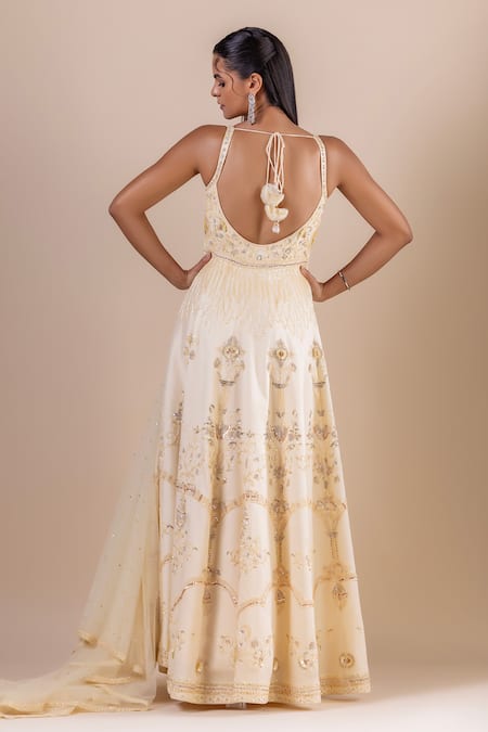 Shop Raj Arora Yellow Silk, Net Crystals, Sequins, Stones Embroidered Anarkali With Dupatta at Aza Fashions Shop_Raj Arora_Yellow Silk, Net Crystals, Sequins, Stones Embroidered Anarkali With Dupatta _at_Aza_Fashions