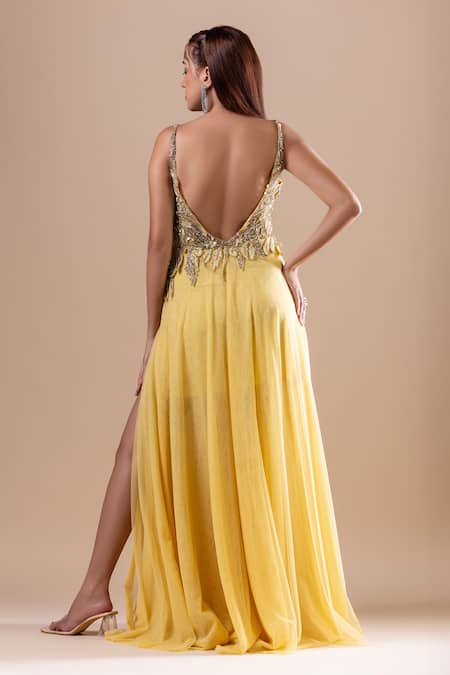 Shop_Raj Arora_Yellow Soft Net Embroidery Crystal V Neck Dress _at_Aza_Fashions