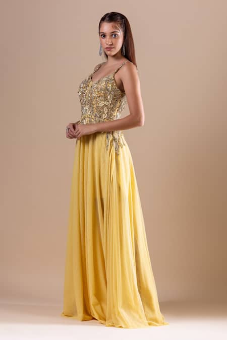 Raj Arora_Yellow Soft Net Embroidery Crystal V Neck Dress _Online_at_Aza_Fashions