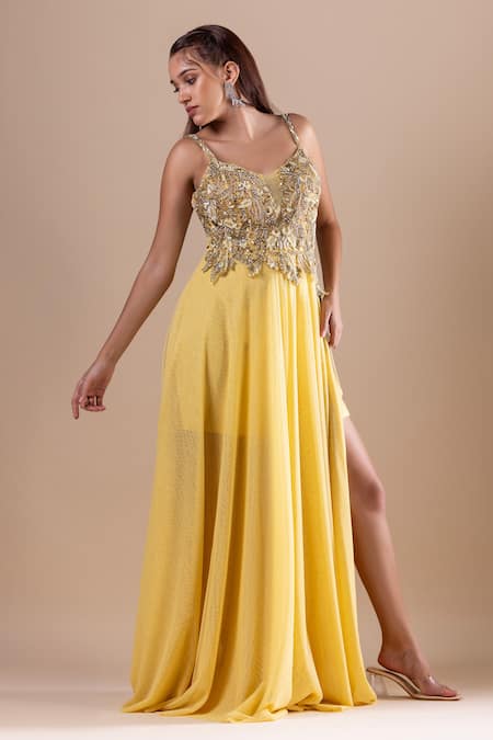 Buy_Raj Arora_Yellow Soft Net Embroidery Crystal V Neck Dress _Online_at_Aza_Fashions