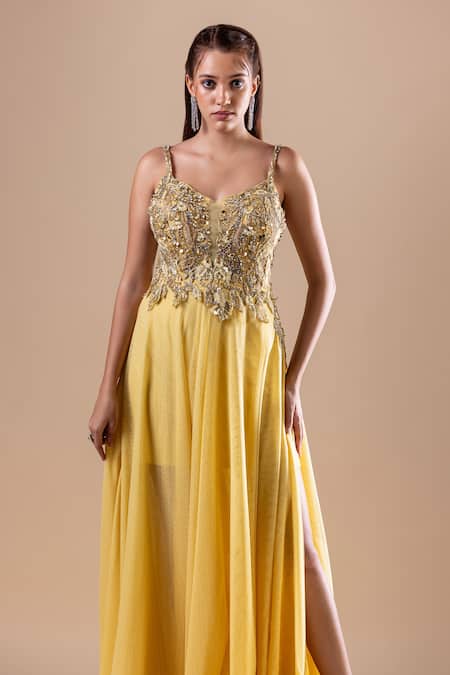 Shop_Raj Arora_Yellow Soft Net Embroidery Crystal V Neck Dress _Online_at_Aza_Fashions