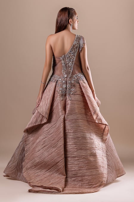 Shop Raj Arora Gold Net Embellished Crystal Asymmetric Gown at Aza Fashions Shop_Raj Arora_Gold Net Embellished Crystal Asymmetric Gown _at_Aza_Fashions