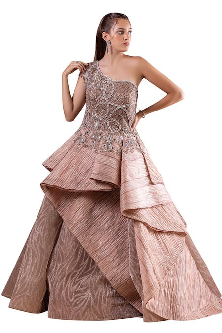 Raj Arora Gold Net Embellished Crystal Asymmetric Gown Online at Aza Fashions Raj Arora_Gold Net Embellished Crystal Asymmetric Gown _Online_at_Aza_Fashions