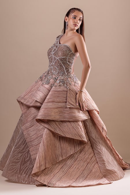 Buy Raj Arora Gold Net Embellished Crystal Asymmetric Gown Online at Aza Fashions Buy_Raj Arora_Gold Net Embellished Crystal Asymmetric Gown _Online_at_Aza_Fashions