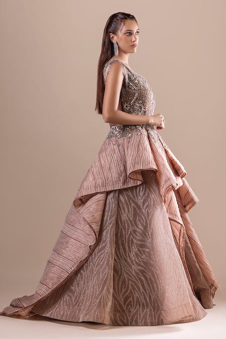 Shop Raj Arora Gold Net Embellished Crystal Asymmetric Gown Online at Aza Fashions Shop_Raj Arora_Gold Net Embellished Crystal Asymmetric Gown _Online_at_Aza_Fashions