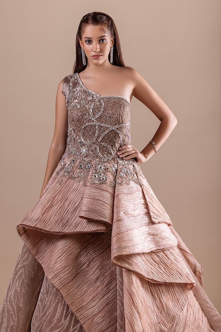 Raj Arora Gold Net Embellished Crystal Asymmetric Gown at Aza Fashions Raj Arora_Gold Net Embellished Crystal Asymmetric Gown _at_Aza_Fashions