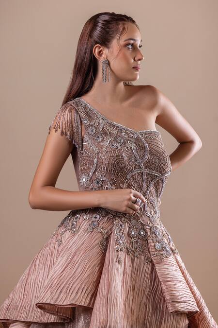 Buy Raj Arora Gold Net Embellished Crystal Asymmetric Gown Buy_Raj Arora_Gold Net Embellished Crystal Asymmetric Gown