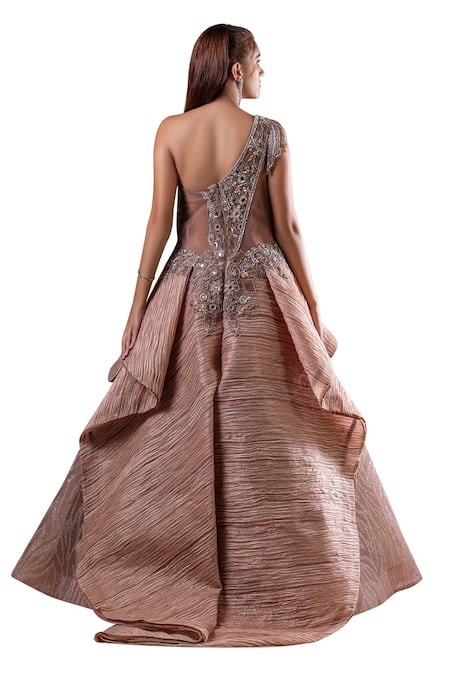 Shop Raj Arora Gold Net Embellished Crystal Asymmetric Gown Shop_Raj Arora_Gold Net Embellished Crystal Asymmetric Gown