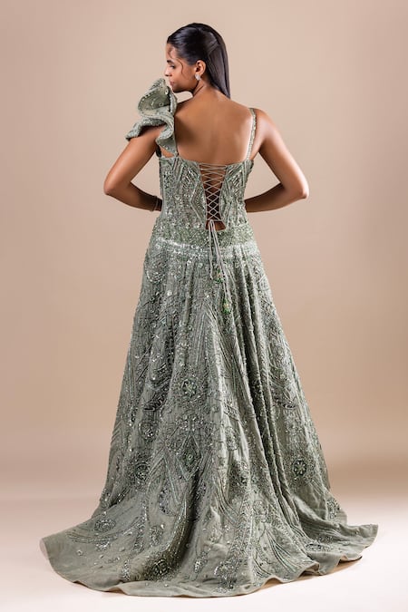 Shop Raj Arora Green Shimmer Crinkle Lycra Embellished Crystal Sparkle Swarovski Gown at Aza Fashions Shop_Raj Arora_Green Shimmer Crinkle Lycra Embellished Crystal Sparkle Swarovski Gown _at_Aza_Fashions