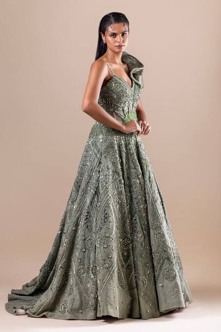 Raj Arora Green Shimmer Crinkle Lycra Embellished Crystal Sparkle Swarovski Gown Online at Aza Fashions Raj Arora_Green Shimmer Crinkle Lycra Embellished Crystal Sparkle Swarovski Gown _Online_at_Aza_Fashions