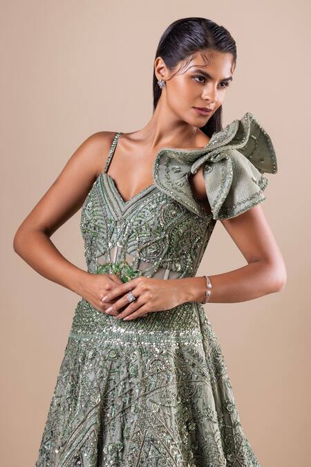 Buy Raj Arora Green Shimmer Crinkle Lycra Embellished Crystal Sparkle Swarovski Gown Online at Aza Fashions Buy_Raj Arora_Green Shimmer Crinkle Lycra Embellished Crystal Sparkle Swarovski Gown _Online_at_Aza_Fashions