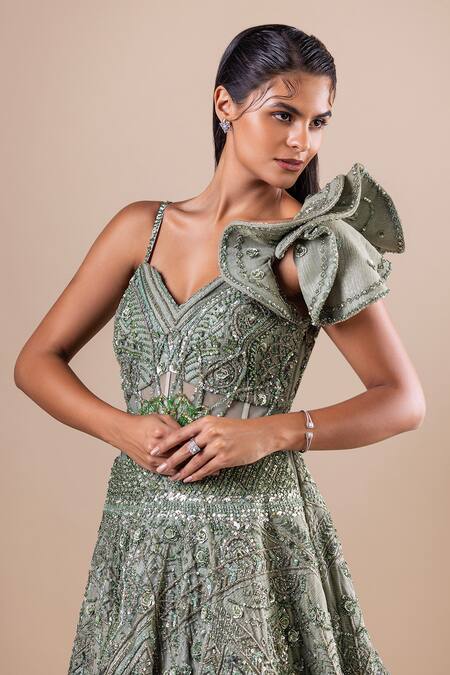 Shop Raj Arora Green Shimmer Crinkle Lycra Embellished Crystal Sparkle Swarovski Gown Online at Aza Fashions Shop_Raj Arora_Green Shimmer Crinkle Lycra Embellished Crystal Sparkle Swarovski Gown _Online_at_Aza_Fashions